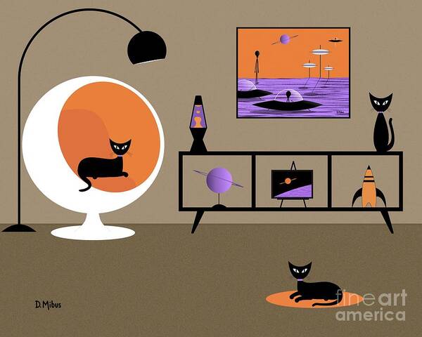 Mid Century Modern Art Print featuring the digital art Mid Century Outer Space Room with Black Cats by Donna Mibus