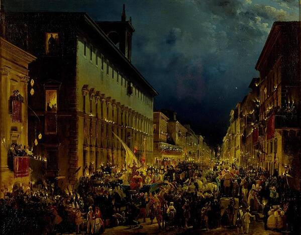  Art Print featuring the drawing Moccoli Evening In Rome by Ippolito Caffi Italian