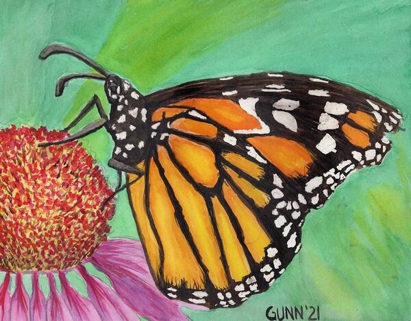 Monarch Art Print featuring the painting Monarch Butterfly on Flower by Katrina Gunn