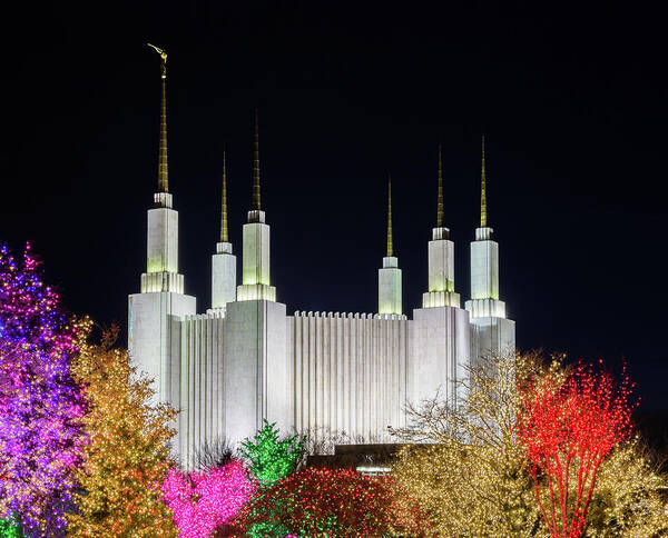 Washington Art Print featuring the photograph Mormon temple in Washington DC with xmas lights by Steven Heap