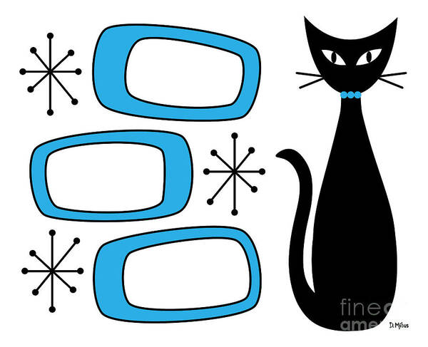 Mid Century Modern Art Print featuring the digital art No Background Cat with Oblongs Blue by Donna Mibus