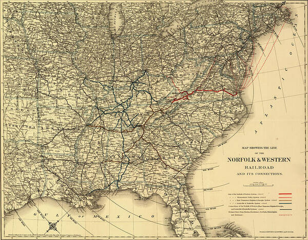 Rails Art Print featuring the drawing Norfolk and Western Railroad 1887 by Vintage Railroad Maps