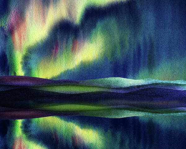 Aurora Borealis Art Print featuring the painting Northern Lake With Aurora Borealis Reflections Painting I by Irina Sztukowski