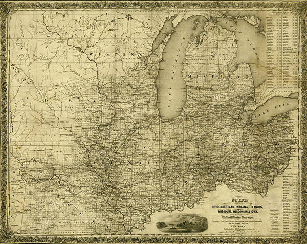 Rails Art Print featuring the drawing Ohio Michigan Indiana Illinois Missouri Wisconsin and Iowa 1840 by Vintage Railroad Maps