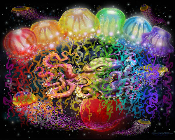 Space Art Print featuring the digital art Outer Space Rainbow Alien Tentacles by Kevin Middleton