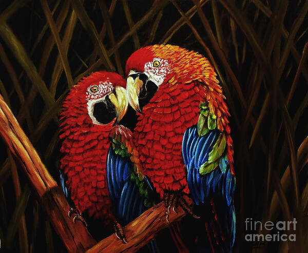 Parrots Art Print featuring the painting Parrots by Nancy Bradley