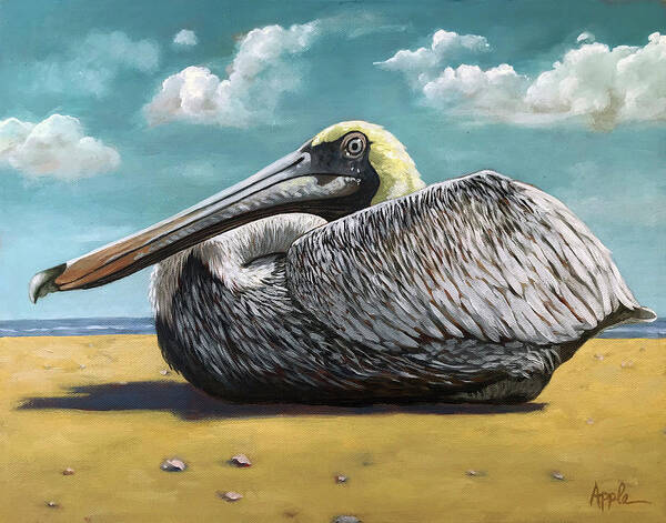 Pelican Art Print featuring the painting Patient Pelican oil painting by Linda Apple