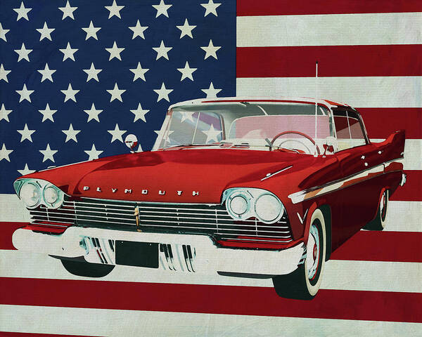 Plymouth Art Print featuring the painting Plymouth Belvedere Sport Sedan 1957 with flag of the U.S.A. by Jan Keteleer
