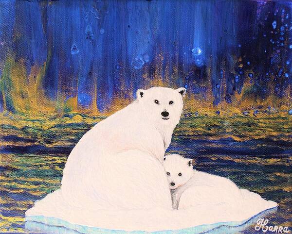 Wall Art Home Decor Art Wall Art Gallery Acrylic Painting Abstract Art Pouring Art Pouring Technique White Bear White Bears Animals Wild Animals North Pole Northern Lights Gift Idea My Animals I Love Animals Bears Blue And Gold Art Print featuring the painting Polar Bears in the Arctic by Tanya Harr