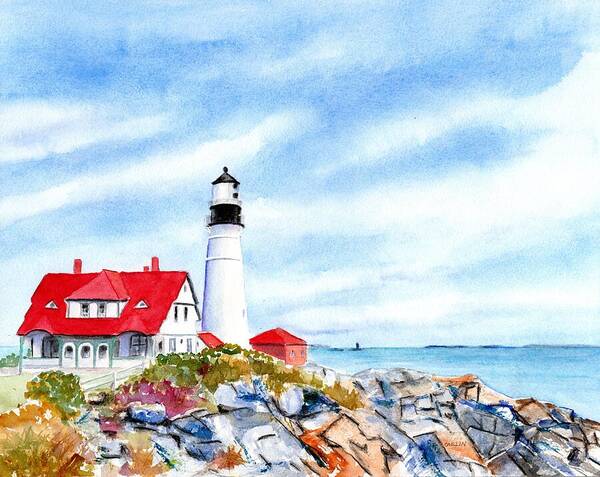 Portland Head Light Art Print featuring the painting Portland Head Lighthouse Maine by Carlin Blahnik CarlinArtWatercolor