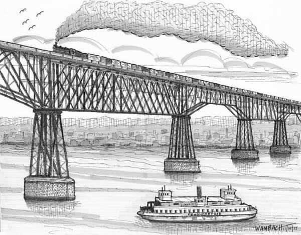 Poughkeepsie Railroad Bridge Art Print featuring the drawing Poughkeepsie Railroad Bridge and Steam Ferry circa 1890 by Richard Wambach