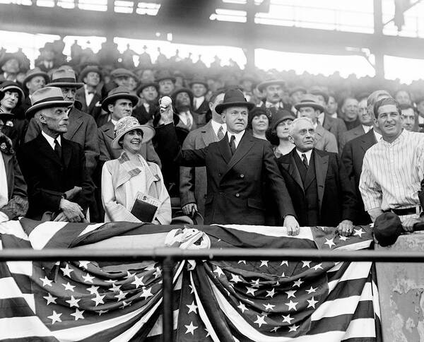 Calvin Coolidge Art Print featuring the photograph President Calvin Coolidge Throwing Out First Pitch - 1925 by War Is Hell Store