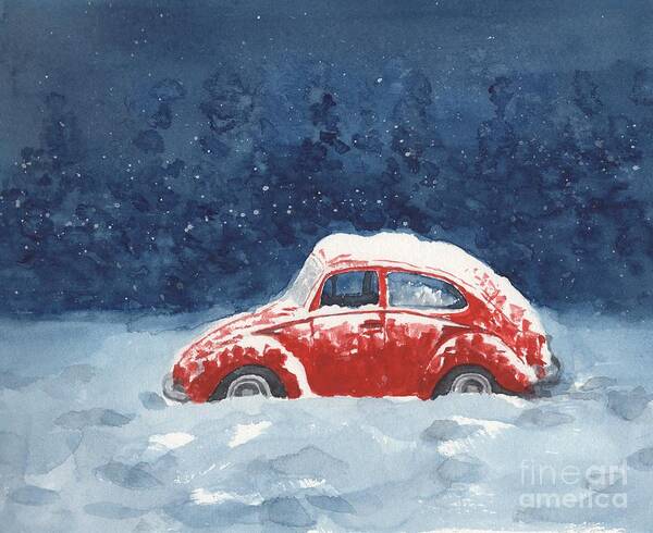 Volkswagen Art Print featuring the painting Red VDub in the Snow by Vicki B Littell