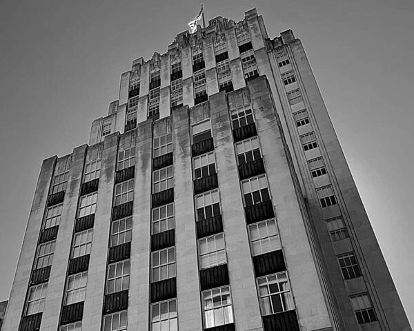 Reynolds Building Art Print featuring the photograph Reynolds Building with Flag Aglow BW by Lee Darnell