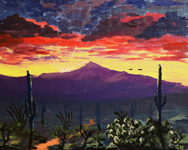 Arizona Art Print featuring the painting Rincon Peak Sunrise, Tucson, Arizona by Chance Kafka