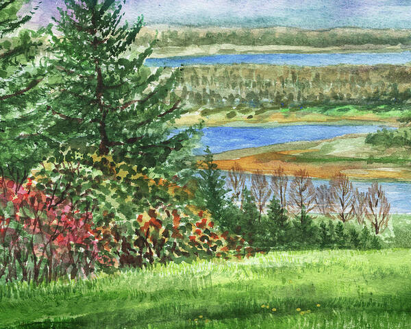 Rever Bank Art Print featuring the painting Riverbank Watercolor Landscape by Irina Sztukowski