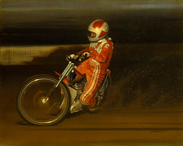 Speedway Motorcycle Rick Woods Costa Mesa Art Print featuring the painting Rocket Rick by Kenny Youngblood
