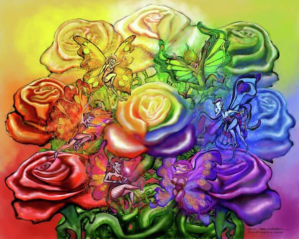 Rainbow Art Print featuring the digital art Roses Rainbow Pixies by Kevin Middleton