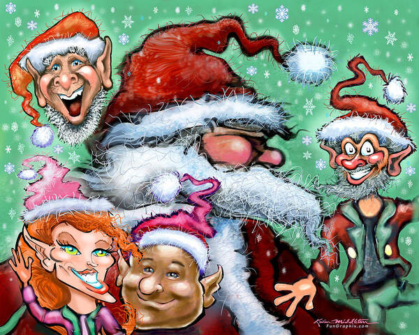 Santa Art Print featuring the digital art Santa and his Elves by Kevin Middleton