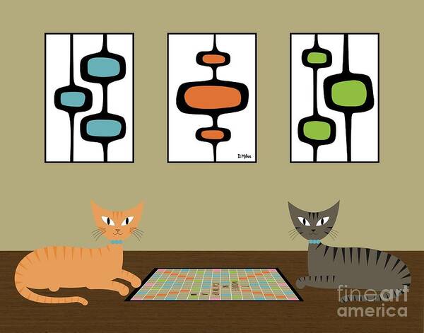Mid Century Cat Art Print featuring the digital art Scrabble Cats with Mid Century Shapes by Donna Mibus