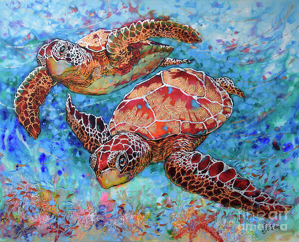 Marine Turtles Art Print featuring the painting Sea Turtle Companions by Jyotika Shroff