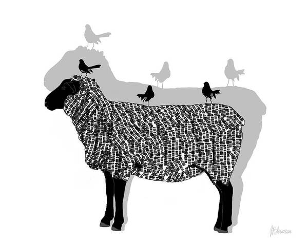Black Faced Sheep Art Print featuring the drawing Sheep And Three Willie Wagtails Black And White Pattern by Joan Stratton