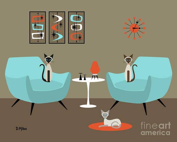 Siamese Cat Art Print featuring the digital art Siamese Cats in Orange and Blue by Donna Mibus