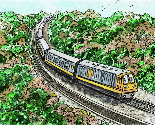 Train Art Print featuring the painting Silver Yellow Train Railway Through The Trees Watercolor by Irina Sztukowski