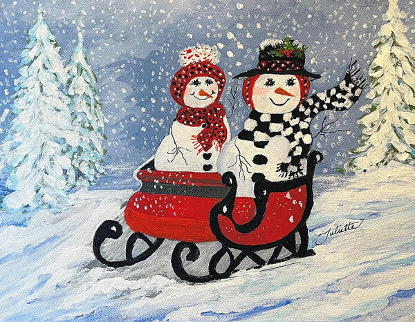 Snowman Art Print featuring the painting Sleighride in the Snow by Juliette Becker