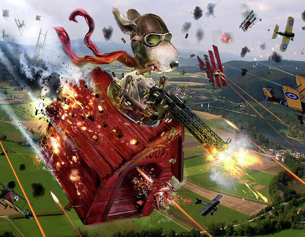 Snoopy Art Print featuring the digital art Snoopy Fighter Pilots Red Fighting Plan Dog House Canvas Poster by Julien