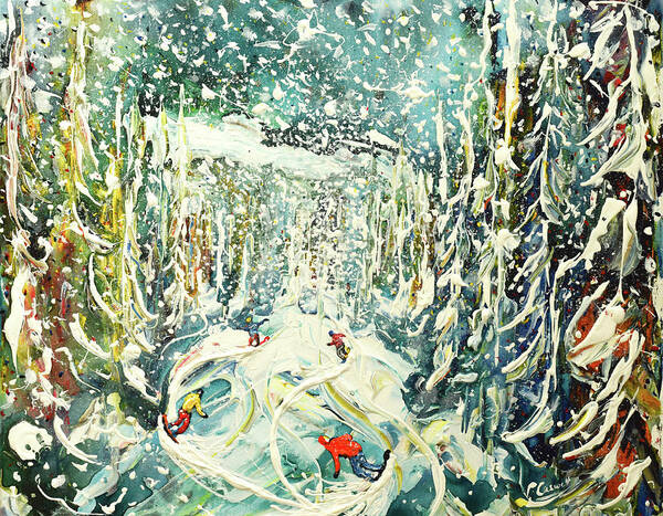 Snow Art Print featuring the painting Snowboards Snowing in the Woods Print and Poster by Pete Caswell