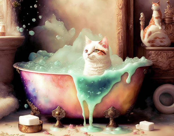 Cat Art Print featuring the painting Soap Suds by Bob Orsillo