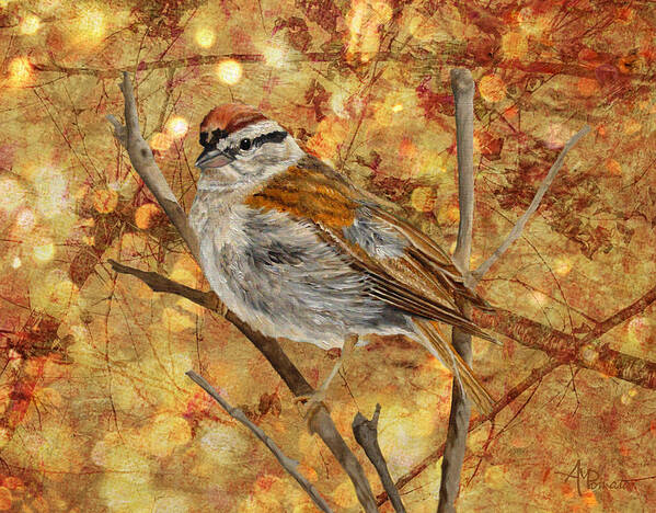 Chipping Sparrow Art Print featuring the painting Sparkles In The Bower by Angeles M Pomata