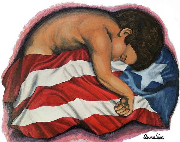 Puerto Rican Art Art Print featuring the painting Study Nino Con La Bandera de Puerto Rico by Annalisa Rivera-Franz