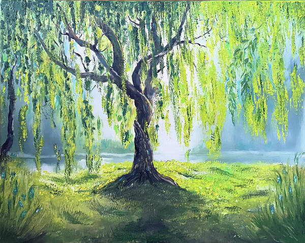 Tree Art Print featuring the painting Sunny morning by the lake by Tetiana Bielkina