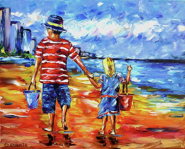 Children On The Beach Art Print featuring the painting The two of us on the beach by Mirek Kuzniar