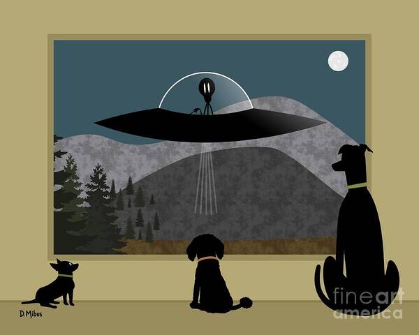 Black Dog Art Print featuring the digital art Three Dogs Spy Alien Aircraft by Donna Mibus