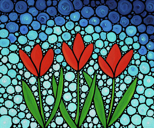 Tulip Art Print featuring the painting Three Friends - Red Tulip Mosaic Art by Sharon Cummings