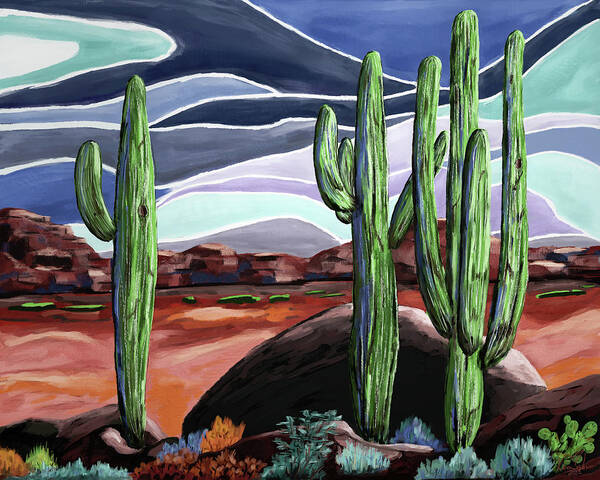 Saguaros Art Print featuring the digital art Three Saguaros by Ken Taylor