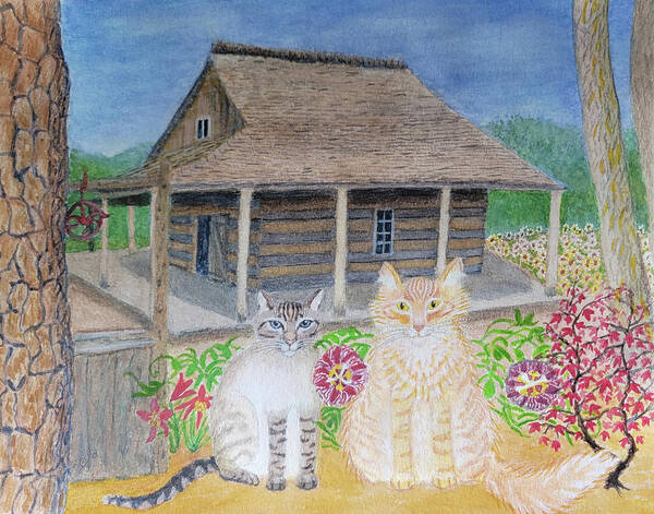 Cats Art Print featuring the painting Tochka and Awimaweh at the San Antonio Botanical Garden by Vera Smith