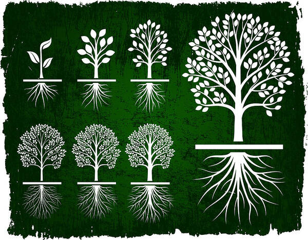 Prop Root Art Print featuring the drawing Tree Growing Green Grunge royalty free vector icon set by Bubaone