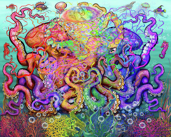Octopus Art Print featuring the digital art Twisted Tango of Tentacles by Kevin Middleton