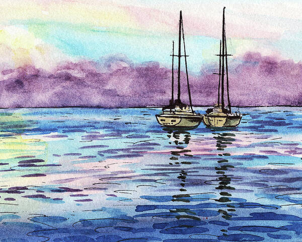 Boats Art Print featuring the painting Two Sailboats Resting In The Ocean Purple Clouds Watercolor Beach Art by Irina Sztukowski