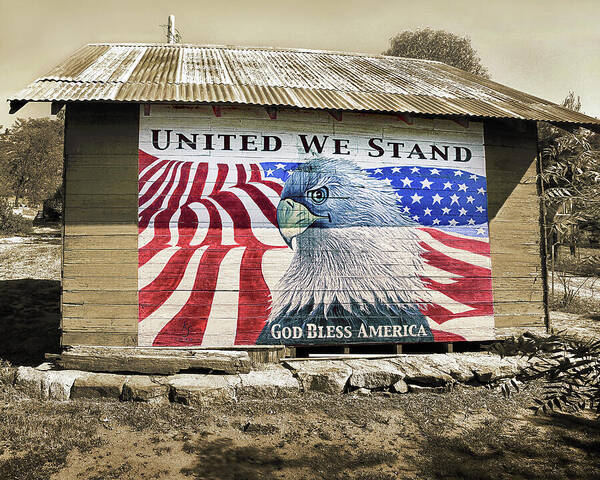 Barn Art Print featuring the photograph United We Stand, God Bless America by Don Schimmel