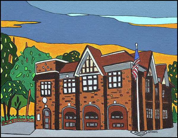 Valley Stream Fire Department Rockaway Ave. Art Print featuring the painting Valley Stream Fire House by Mike Stanko