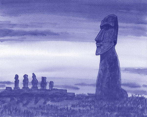 Easter Island Art Print featuring the painting Very Peri Purple Blue Gorgeous Sunset With Magical Statues Of Easter Island Chile Watercolor by Irina Sztukowski