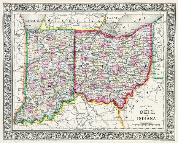 Indiana Art Print featuring the photograph Vintage County Map of Ohio and Indiana 1863 by Carol Japp