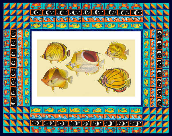 Vintage Fish Art Print featuring the drawing Vintage fish in decorative frame by Lorena Cassady