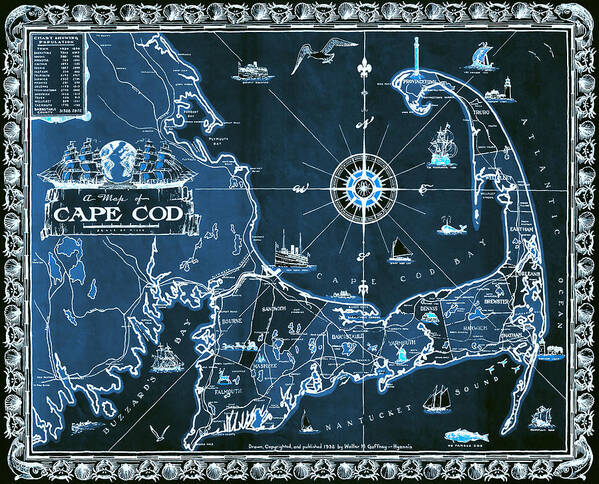 Cape Cod Art Print featuring the photograph Vintage Map Cape Cod Massachusetts Black and Blue by Carol Japp