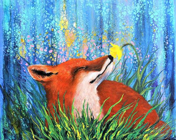 Wall Art Home Décor Vulpes Spring Red Fox Gift Idea Acrylic Painting Abstract Painting Flower Yellow Flower Yellow Daffodil Fox Spring Orange And Blue Color Art Print featuring the painting Vulpes Spring by Tanya Harr